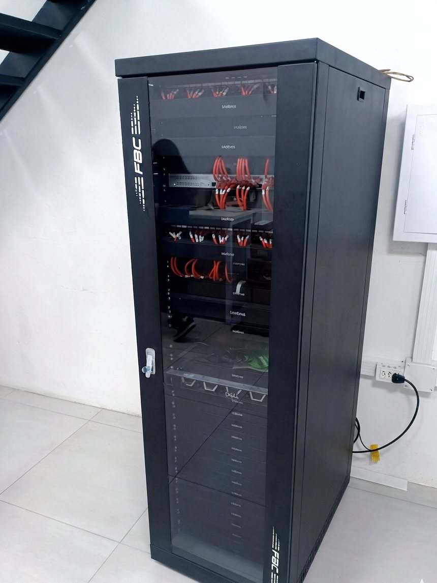 Rack de piso instalado pela S2D, com cabeamento estruturado organizado e identificado.